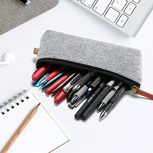 ProCase Pencil Bag Pen Case, Felt Students Stationery Pouch Zipper Bag for Pens, Pencils, Highlighters, Gel Pen, Markers, Eraser and Other School Supplies -2 Pack, Small, Grey