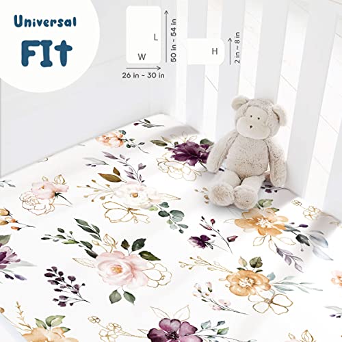 Stretchy Ultra Soft Jersey Knit Fitted Pack n Play Sheets Set 2 Pack，Fits Portable Playard/Mini Cribs Mattress Snug and Safe, Watercolor Purple Flora for Baby