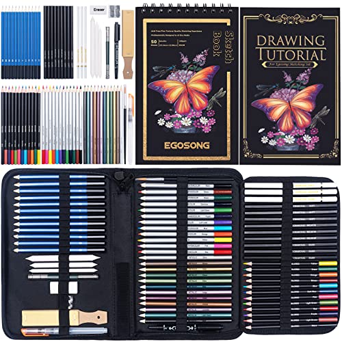  EGOSONG 73 Drawing set Sketching kit,Pro Art Sketch Supplies  with Sketchbook,Tutorial,Graphite,Colored,Charcoal,Watercolor,Metallic  pencils for Artists Adults Teens Beginners : Arts, Crafts & Sewing