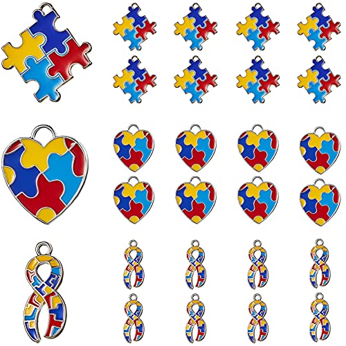Autism Charms Pendants Ribbon Heart Square with Puzzle Shape Charms Enamel Autistic Awareness Pendants for DIY Jewelry Necklace Bracelet Keychain Crafts Decorations Making Supplies (36 Pieces)