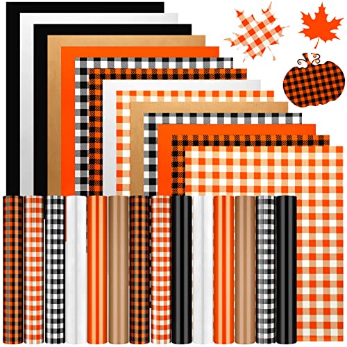 Zonon 14 Sheets Fall Thanksgiving Heat Transfer Vinyl 12x10 Inch Orange Buffalo Plaid Iron-on Vinyl Stripe HTV Vinyls Glitter Heat Press Vinyls for DIY Crafts Clothes Autumn Theme Decoration