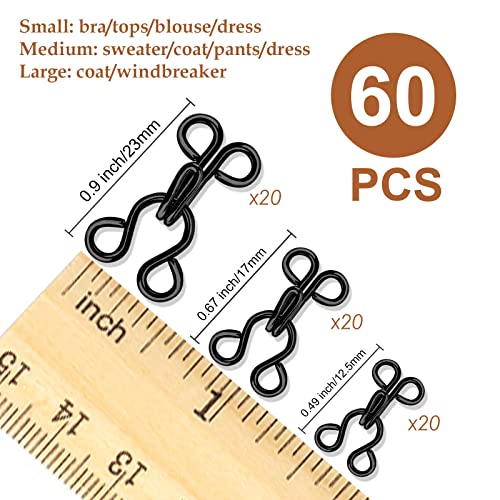 KACOLA 60 Set Sewing Hook and Eye Latch for Clothing, Bra Hooks Replacement, Large Hooks and Eyes Clasps for Clothing, Sewing DIY Craft, 3 Sizes 23/17/12.5mm, Black and Silver