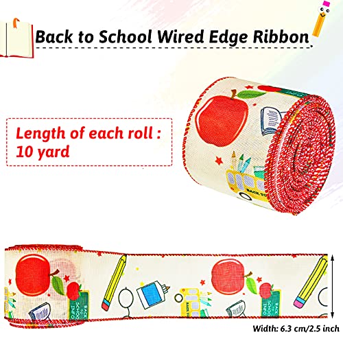 2 Rolls/ 20 Yards Back to School Wired Edge Ribbons School Rock Ribbon School Themed Ribbons School Pattern Wrapping Ribbon for Hair Bow Wreath Decor Crafts, 2 Styles