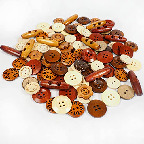 Assorted Wooden Buttons for Sewing Craft Project Clothing Art, Wood Toggle Button, Pack of 108 PCS