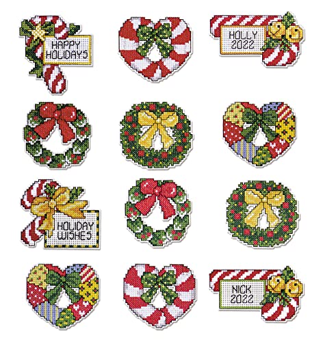 Design Works Crafts, 2-1/2" x 3" Each Cross Stitch Ornament Kit, Christmas Wreaths