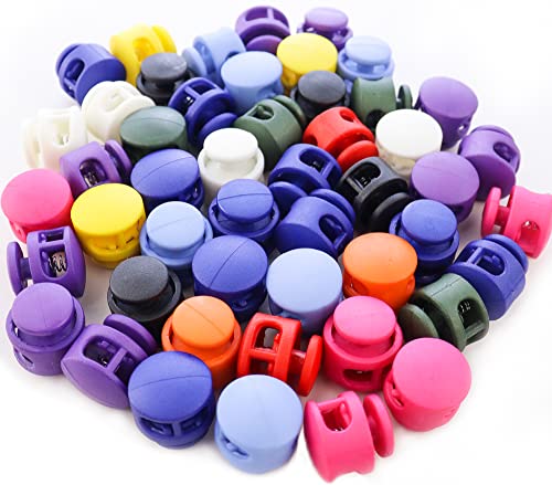 NODG 50 Pcs Assorted Colors Lanyard String Cord Clips Plastic Round Ball Shape Fastener Slider Toggles Clip Spring Cord Lock End Round Toggle Stoppers for Drawstrings Bags Shoelaces Backpacks