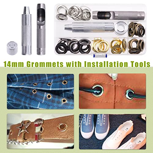 Keadic 83Pcs 9/16 Inch Thickened Grommets Eyelets with Install Tool Set, 4 Colors Metal Eyelet Heavy Duty Grommet Set for Curtain Clothing Leather DIY Fasteners (Bronze Silver Gold Gun Black)