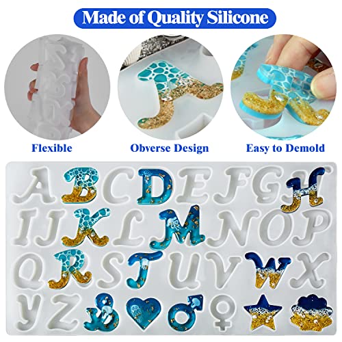 ISSEVE 164Pcs Obverse Alphabet Resin Molds Kit, Silicone Molds for Resin Casting DIY, Letter & Ornament Epoxy Molds Resin Keychain Making Set with 1 Hand Drill 2 Drill Bits 160Pcs Keychain Supplies