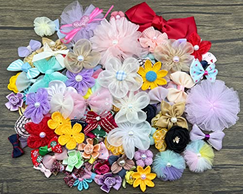 100 Count Mix Satin Ribbon Rose Flowers Bows Appliques Organza Daisy Flower Embellishments for Sewing, Craft Project, Hair Bow Headband (Mixed)