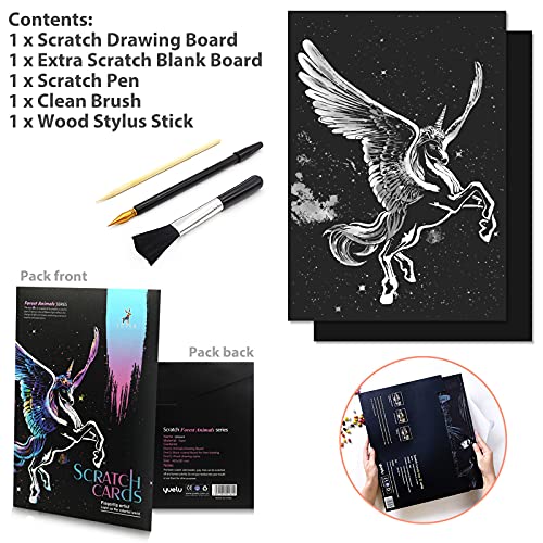 Animal scratch art rainbow painting paper, Engraving Art & Craft Sets, Creative foil scratch art toys gift, DIY sketch card scratchboard for Kids & Adults, Women - 16'' x 11.2'' with 3 tools (Unicorn)