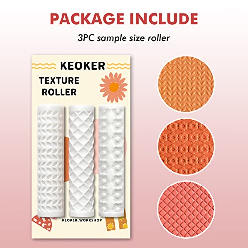 Keoker Clay Texture Roller, Pottery Stamps for Polymer Clay Earrings Jewelry, 3“ Embossing Pottery Texture Rollers,twig Rollers, (Leaf, Flower, Square） (3 Sample Pack)