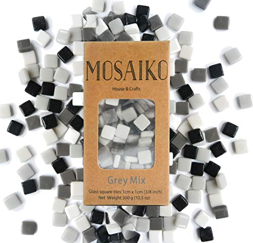 MOSAIKO Gray Mix 300g (10.5oz) - Mosaic Glass Tiles for Crafts - Premium Quality Stained Square Pieces 1cm x 1cm (3/8 inch) - Perfect for Home Decor, DIY Crafts, Pixel Art, Kid Play, Adult Hobbies