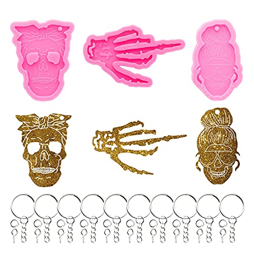 43Pcs Halloween Silicone Molds Kit - Skull Face Skeleton Hand Skull Head Woman Shape Keychain Resin Mold Chocolate Candy Clay Molds with 10Pcs Key Chains and Rings for Epoxy Pendant DIY Crafts