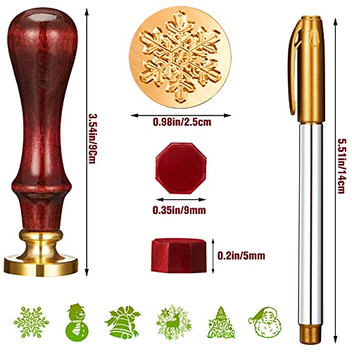 208 Pieces Christmas Wax Seal Stamp Kit, Include 6 Pieces Wax Stamp Brass Heads with Wooden Hilt, 200 Pieces Sealing Wax Beads and Gold Marker Pen for Holiday Decorations (Santa Patterns)