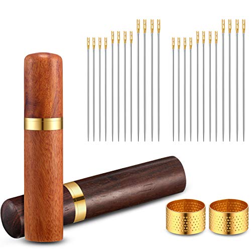 2 Pieces Wooden Needle Case Sewing Needles Holder Storage Box 24 Pieces Sewing Needles Gold Tail Needles Self Threading Needles 2 Pieces Copper Sewing Thimbles for Stitching Hand Crafts Knitting