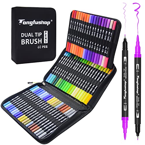 Tongfushop 60 Dual Tip Markers Brush Pens for Coloring, Art Supplies Set Fine & Brush Tip Markers for Adult Coloring Calligraphy Drawing Sketching Coloring