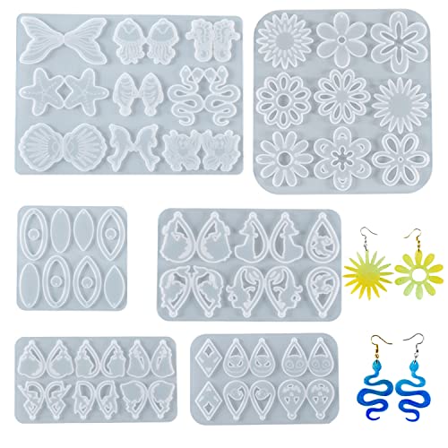 Yayatty Earring Epoxy Resin Silicone Molds, 6 PCS Resin Earring Molds Halloween Flowers Sea Animals Earring Resin Molds with Ear Hooks, Jump Rings for DIY Earrings, Resin Crafts DIY