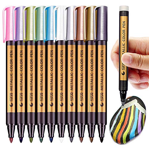 PANDAFLY Metallic Marker Pens, Set of 10 Colors Paint Markers for Black Paper, Rock Painting, Scrapbooking Crafts, Card Making, Ceramics, DIY Photo Album, Ceramic, Glass and More (Medium tip)