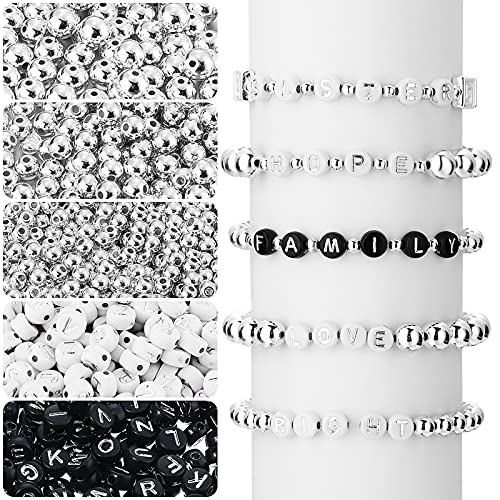 1600 Pieces Alphabet Beads Round Letter Beads for Jewelry Making White Black Letter Beads,1200 Round Spacer Beads 400 Letter Bead in 2 Colors for DIY Craft Making Jewelry Findings Bracelet (Silver)