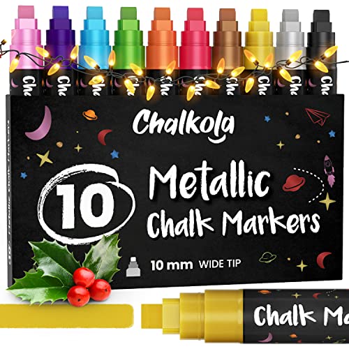 10mm Metallic Chalk Markers (10 Pack) Liquid Chalk Pens - For Blackboards, Chalkboard, Bistro Menu, Window - Wet Wipe Erasable Car Window Markers - 10mm 3-in-1 Wide Nib