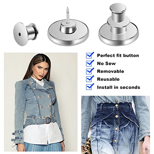 12 Sets Button Pins for Jeans Pants, Adjustable Reusable Jean Buttons Pins Instant Reduce Loose Jeans, No Sew and No Tools Metal Pants Button Replacement, Clips Jean Button Tightener