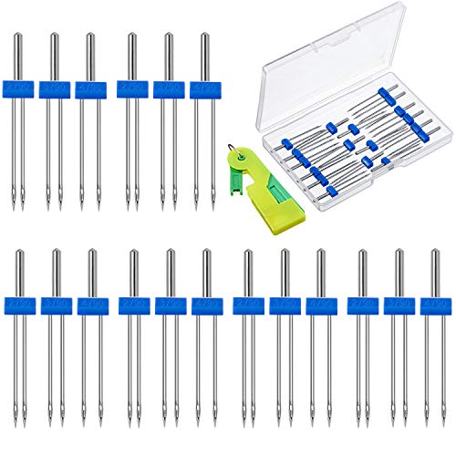 18 Pieces Sewing Machine Twin Needles Double Twin Needles Pins Twin Stretch Needles with Plastic Box, Automatic Needle Threader for Household Sewing Machine, 3 Mixed Sizes 2.0/90, 3.0/90, 4.0/90
