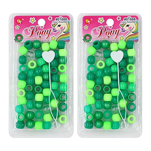 120 Pcs Beads Jewelry Making Kit DIY Hair Braiding Bracelet Ornaments Crafts Large Round Pearl Color Pony +2 Beaders Included (Green Assorted)