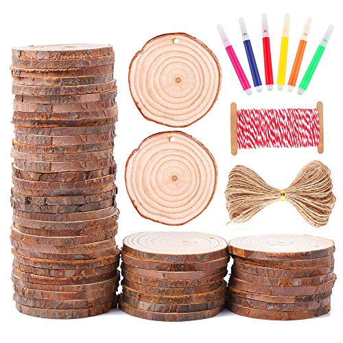 Caydo Natural Wood Slices, 50 Pieces 2.4-2.8 Inch Unfinished Wood Slices with Color Pens, Natural Jute Twine and Cotton String for Home Hanging Decorations and Wedding Ornaments