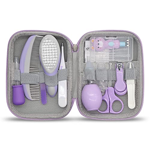 Baby Grooming Kit, Portable Baby Safety Care Set with Hair Brush Comb Nail Clipper Nasal Aspirator etc for Nursery Newborn Infant Girl Boys Keep Clean (11 in 1 Purple)