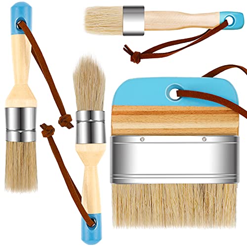 4 Pieces Chalk and Wax Paint Brushes Bristles Painting Natural Brushes Wooden Handle DIY Waxing Brushes for Art Craft Wood Furniture Home Decoration Waxing Painting DIY Tools