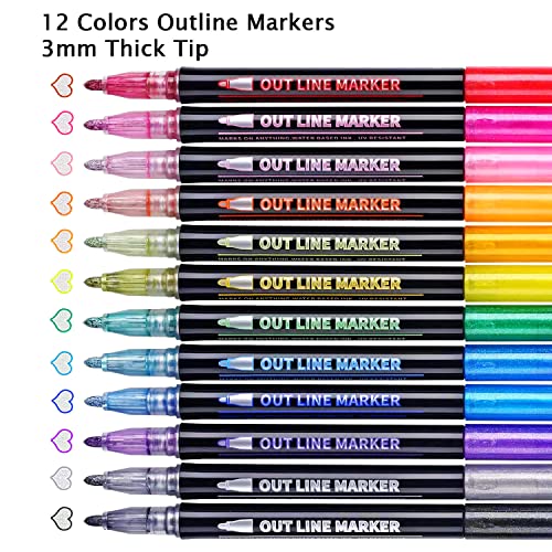12 Color Double Line Outline Marker Pens, Super Squiggles Outline Pens 3mm Thick Doodle Glitter Outline Markers for Kids, Shimmer Markers Colored Pens for Drawing, Outline Metallic Paint Markers for DIY Gift Cards, Rock Painting & Art Supplies