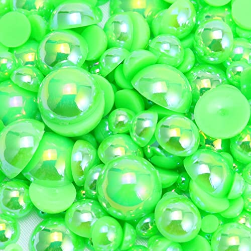 Dowarm 1000 Pieces Flatback Pearls, 4MM 6MM 8MM 10MM 12MM 14MM Neon Green AB Half Pearls for Crafts, Tumblers, Shoes, Mix Sizes