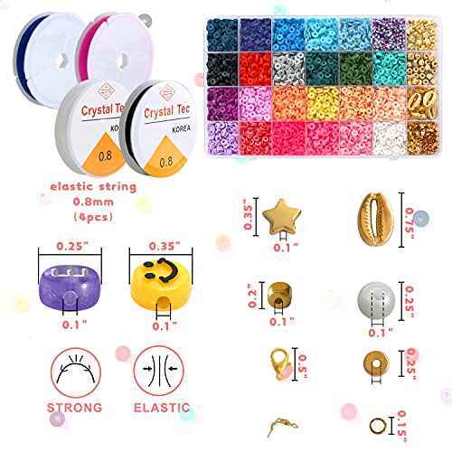 KAMJUNTAR 6000PCS Clay Beads for Bracelets Making Kit,24 Colors Flat Heishi Polymer Clay Beads for Jewelry Making with Letter Beads Smiley Face Beads Gift for Kids Girls DIY Necklace Bracelet