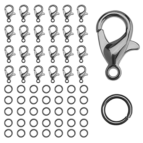 KINBOM 50pcs Lobster Clasp and 120pcs Open Jump Ring, Jewelry Bracelet Connectors Necklace Clasp Bracelet Clasp Jump Rings for Jewelry Making (Clasp: 12x6mm + Ring: 0.7x5mm, Gun Black )
