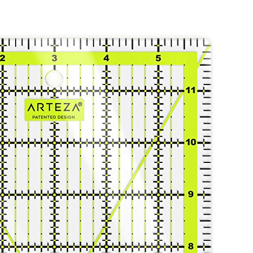 Arteza Quilting Ruler, Laser Cut Acrylic Quilters' Ruler with Patented Double Colored Grid Lines for Easy Precision Cutting, 6" Wide x 12" Long for Quilting, Sewing & Crafts, Black & Lime Green