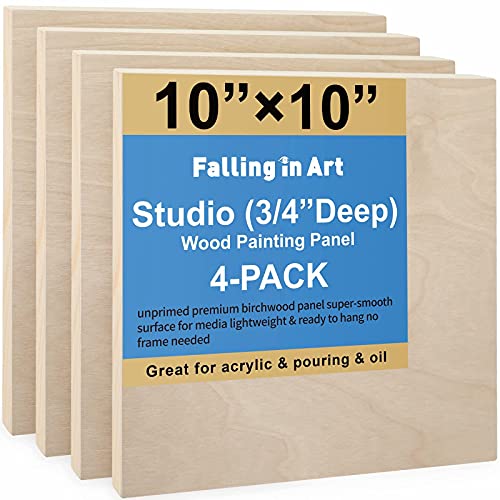 Unfinished Birch Wood Canvas Panels Kit, Falling in Art 4 Pack of 10x10’’ Studio 3/4’’ Deep Cradle Boards for Pouring Art, Crafts, Painting, Burning and More