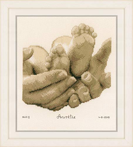 Vervaco Birth Record Counted Cross Stitch Kit 8.8"X9.2"-Baby Feet in Ecru (14 Count)