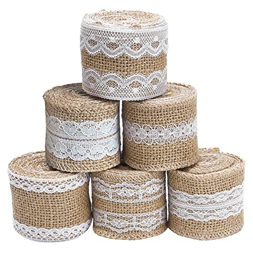 Livder 6 Rolls 2 Inch Width Natural Jute Burlap Ribbon with White Lace for DIY Home Decoration, Wedding Party and Gift Packaging