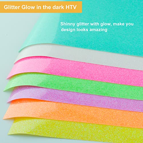 KISSWILL Glitter Heat Transfer Vinyl Glow in The Dark HTV Iron on Vinyl - 7 Sheets 12" X 10" Assorted Neon Colors PU Luminous HTV Vinyl Bundle Sheet for T-Shirts DIY