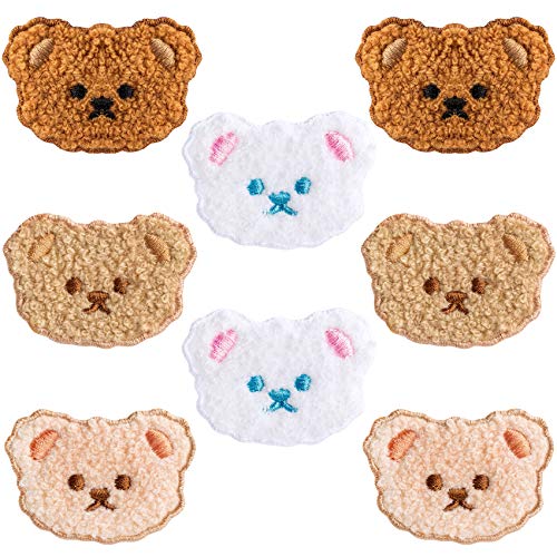 PAGOW 8 PCS Bear Embroidery Patch, Cute Cartoon Bear Patches,Iron On Embroidered Applique Sewing Patches for Bags, Jackets, Jeans, Clothes DIY Accessory (4 Colors: White, Pink Yellow, Khaki, Apricot)
