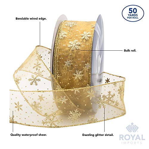 Gold Organza Glitter Wired Sheer Christmas Ribbon - Gold Edge, 2.5" (#40) Snowflake Design for Floral, Craft, Holiday Decoration, 50 Yard Roll (150 FT Spool) Bulk by Royal Imports
