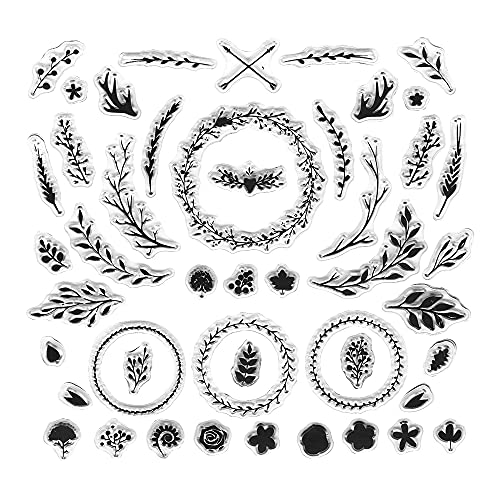 Wreath Branch Plants Clear Stamps for Card Making Scrapbooking Crafting DIY Decorations, Flowers and Leaves Transparent Silicone Seal Stamps for Embossing Album Crafts