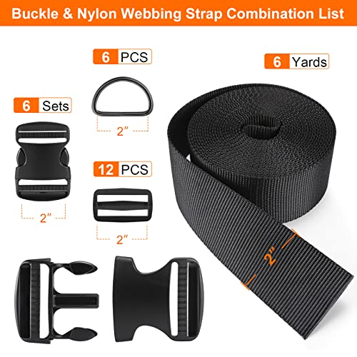 Buckles Strap Kit 2 Inch: Nylon Webbing Straps 6 Yards, Quick Side Release Plastic Buckle Dual Adjustable 6 Pack, Tri-Glide Slide Clip 12 PCS, Metal D-Rings 6 PCS, Black
