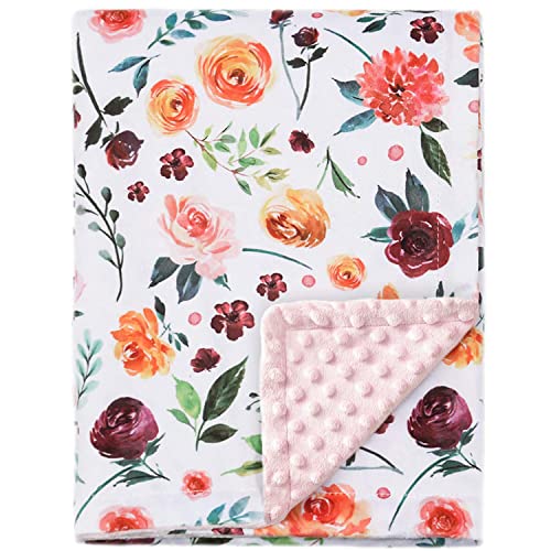 BORITAR Baby Blanket for Girls Super Soft Double Layer Minky with Dotted Backing, Receiving Blanket with Elegant Floral Multicolor Printed Blanket 30 x 40 Inch(75x100cm)