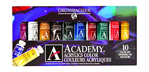 Grumbacher Academy Acrylic Paint, Gloss, 24ml/0.8 oz Metal Tube, 10-Color Set, C1030