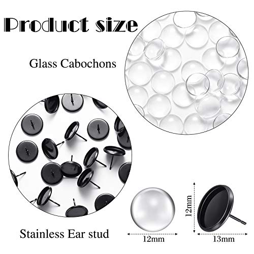 200 Pieces Stud Earring Kit, Including 50 Pieces 12 mm Stainless Steel Blank Stud 50 Rubber Back, 50 Pieces 12 mm Clear Glass Cabochons 50 Stainless Steel Earring Back for DIY Making (Black)