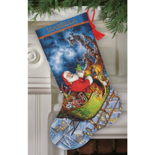 Dimensions Gold Collection Counted Cross Stitch 'Santa's Flight' Personalized Christmas Stocking Kit, 16 Count Grey Aida, 16''