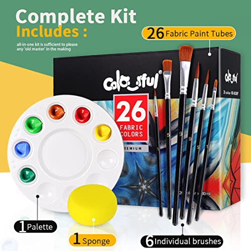 Colorful Fabric Paint Set for Clothes with 6 Brushes,1 Palette - Permanent 26 Colors Kit (30ml/Btl & Special Gold Silver) - Non Toxic Soft Slick Acrylic Puffy Paint for Fabric,Upholstery,Shoes,Tshirt