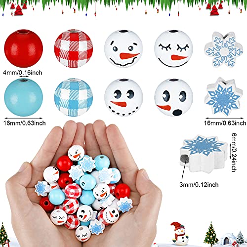 160 Pieces Christmas Wooden Beads Snowman Wooden Beads Snowflake Wood Beads Christmas Beads for Crafts Plaid Wood Beads for Farmhouse DIY (Red, Blue, Red and White, Blue and White,Abstract Style)