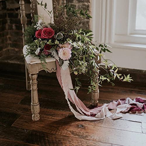 Chiffon Silk Ribbon for Gift Wrapping, Frayed Boho Ribbon for Wedding Invitation Bridal Bouquet, Pink White Cream Ribbon 3 Rolls 1.5 Inch 7 Yards, 10Pcs Wax Seal Stickers Included